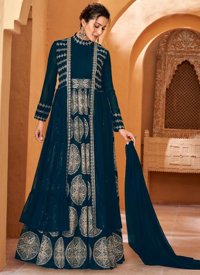 Real Georgette Prussian Blue Wedding Wear Sequins Work Anarkali With Shrug And Dupatta